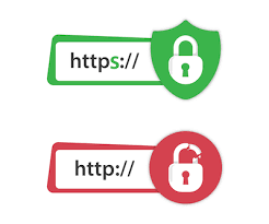 Comparison of URLs with 'HTTPS' indicating a secure website and 'HTTP' showing a 'website says not secure' warning