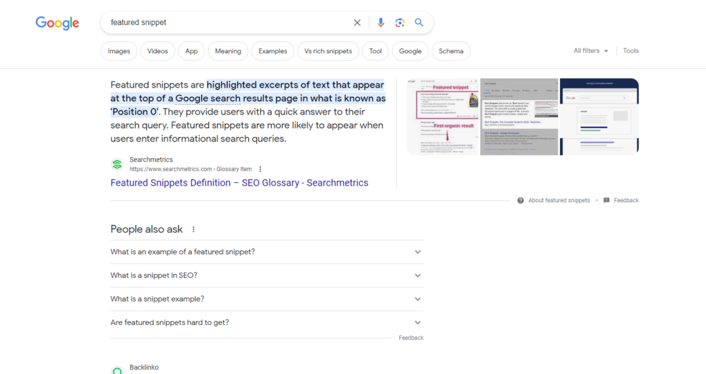 Screenshot showcasing a 'featured snippet example' from Google search results.