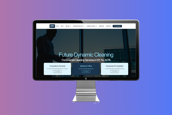 FDC Cleaning website with dark blue design showcasing branding.