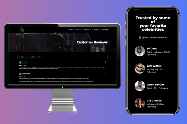 Matt DeSimone branded site showing reviews and celebrity clients.
