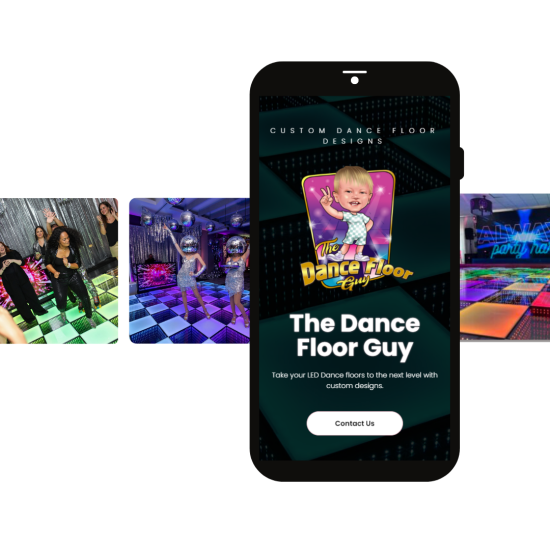 Web design portfolio showcasing custom LED dance floor designs on a mobile device screen with supporting images